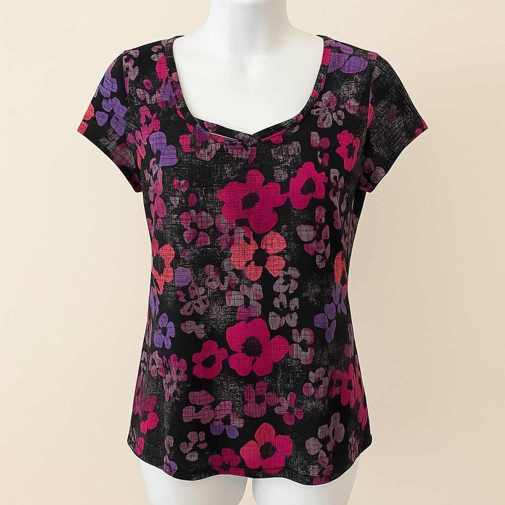 Axcess by Liz Claiborne Floral Abstract Print Short Sleeve Top Size Large EUC